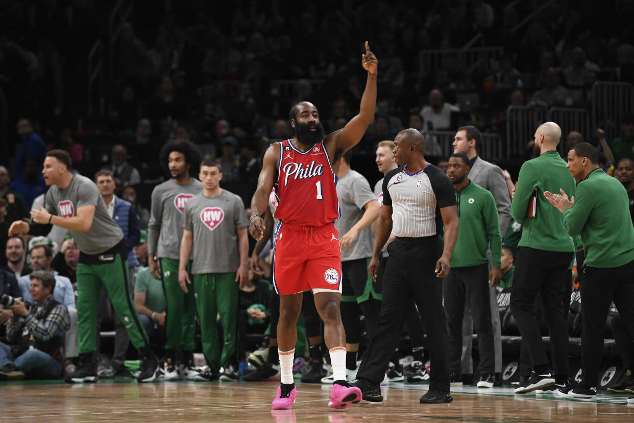 Philadelphia 76ers guard James Harden celebrates one of his many clutch shots in a Game 1 victory against the Boston Celtics at TD Garden on Monday. (Bob DeChiara/USA Today Sports)