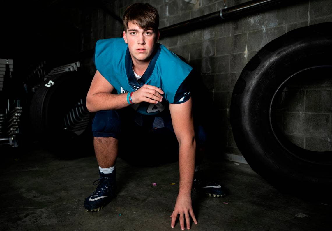 Auburn Riverside senior Nate Pritchard poses for a portrait after being selected as a defensive lineman for The News Tribune’s 2022 All-Area football team, at Mount Tahoma High School in Tacoma, Wash. on Dec. 4, 2022.