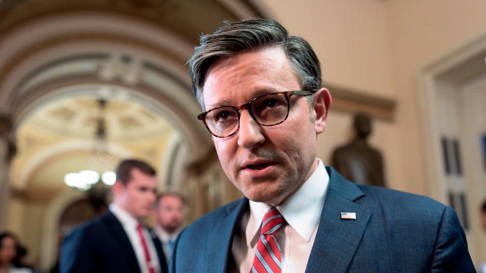 PHOTO: Speaker of the House Mike Johnson talks to reporters just after lawmakers pushed a $95 billion national security aid package for Ukraine, Israel and other U.S. allies closer to passage, at the Capitol, April 19, 2024. (J. Scott Applewhite/AP)