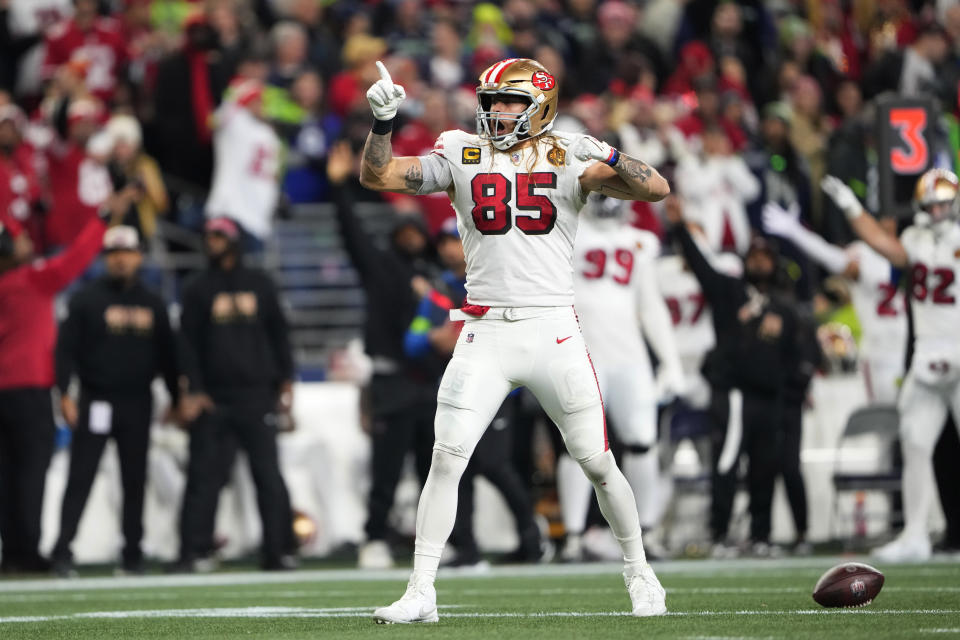 San Francisco 49ers tight end George Kittle (85) reacts after a play during the first half of an NFL football game against the Seattle Seahawks, Thursday, Nov. 23, 2023, in Seattle. (AP Photo/Lindsey Wasson)