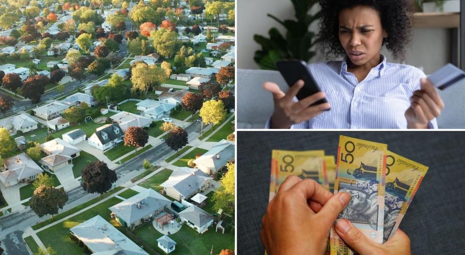 Compilation image of row of houses on green tree-lined streets, woman looking at her smartphone with a confused expression and hands counting out $50 notes. Mortgage concept.