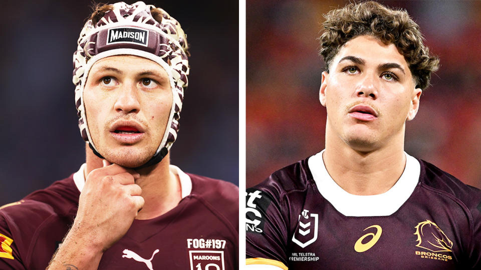 Kalyn Ponga does his headgear and Reece Walsh looks up.