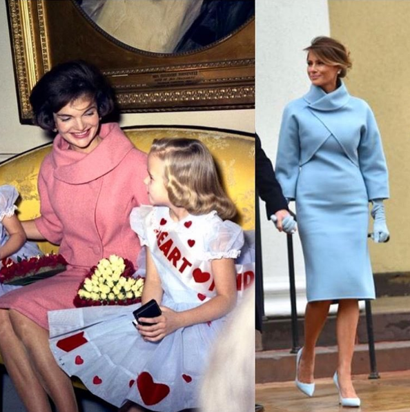Foto de Jackie Kennedy con un vestido cuyo escote y diseño es muy similar al que lució Melania Trump este viernes.