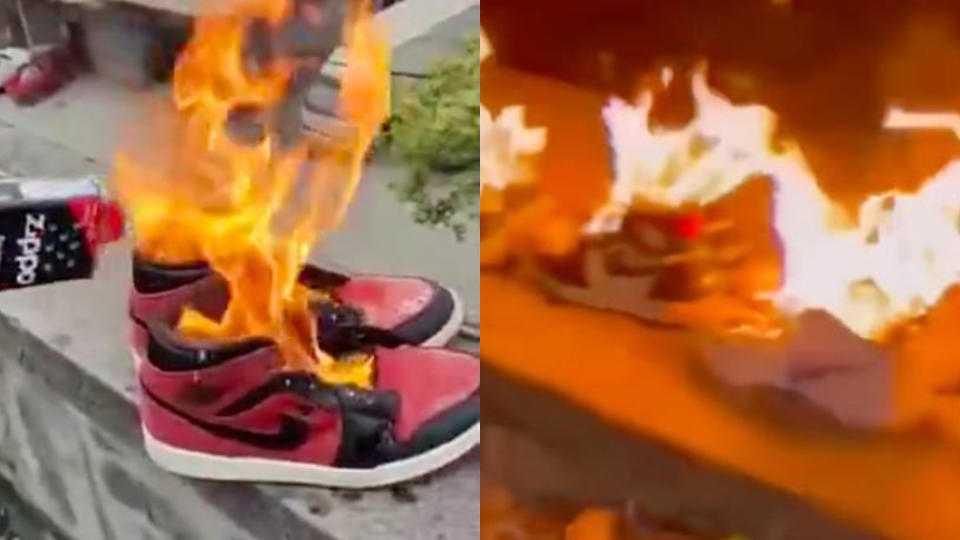 陸網瘋傳燒Nike球鞋的畫面。（圖／翻攝自微博）