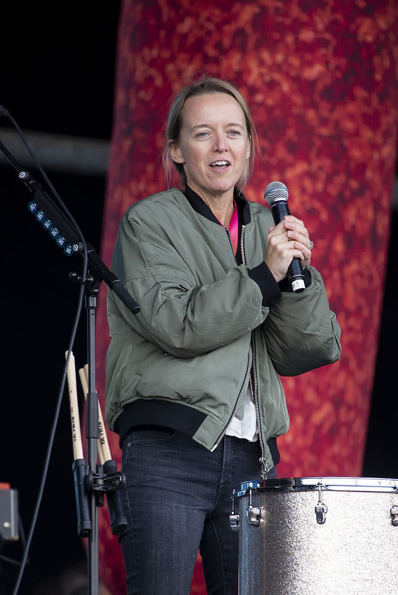 Festival organiser Emily Eavis addresses the crowd at the Glastonbury Festival - 2022