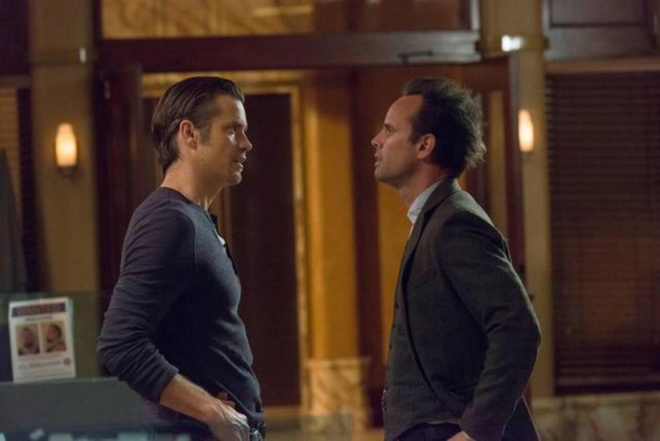 Timothy Olyphant, left, stars as Deputy U.S. Marshal Raylan Givens with Walton Goggins as his nemesis, Boyd Crowder, in an episode from the fifth season of “Justified.”