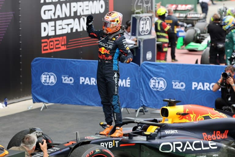 Red Bull's Max Verstappen celebrates winning the Spanish Formula One Grand Prix in Montmelo, on the outskirts of Barcelona (Thomas COEX)