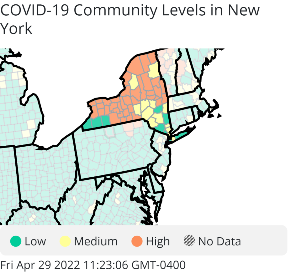 COVID-19 community levels in New York on April 29, which show 38 of 62 counties at "high risk" based on CDC guidelines that look at infection and hospitalization rates.