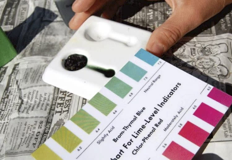 This 2015 image shows a soil pH test in progress using a home test kit on Long Island, N.Y. (Justine Damiano via AP)