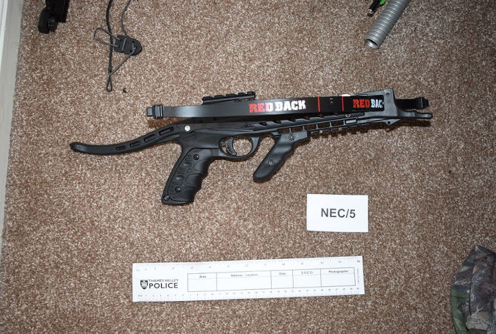 A crossbow found during police searches of Adam Thomas and Claudia Patatas’ home (Picture: PA)