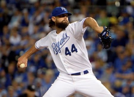 Oct 8, 2015; Kansas City, MO, USA; Kansas City Royals relief pitcher Luke Hochevar throws a pitch against the Houston Astros in the 9th inning in game one of the ALDS at Kauffman Stadium. John Rieger-USA TODAY Sports