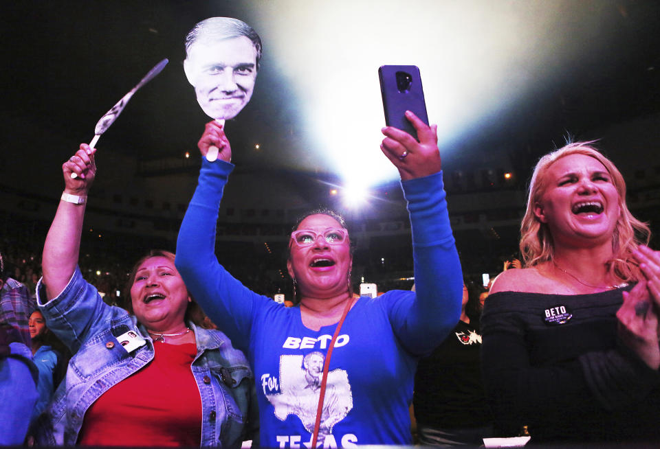 Supporters of U.S. Senate candidate Beto O'Rourke cheer as he speaks at a campaign rally at Bert Ogden Arena on Thursday, Oct. 18, 2018, in Edinburg, Texas. (Joel Martinez/The Monitor via AP)