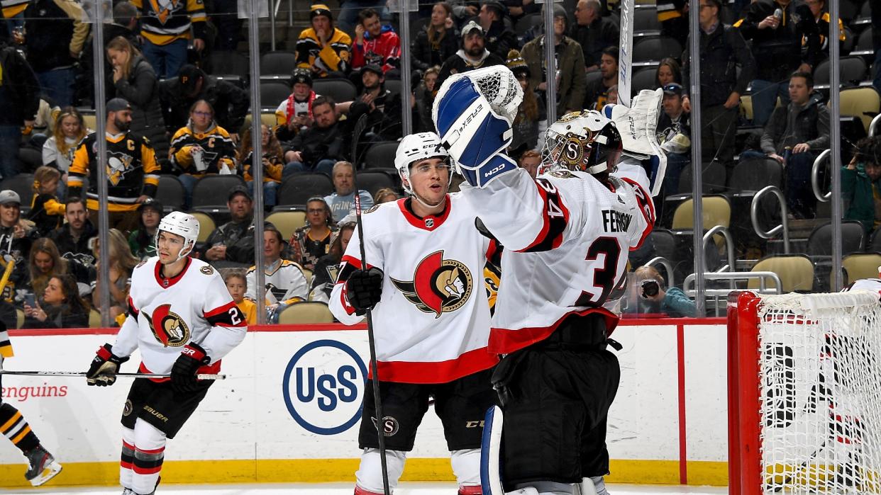 Dylan Ferguson heroically backstopped the Senators to a 2-1 win over the Penguins in his first ever NHL start on Monday. (Getty Images)