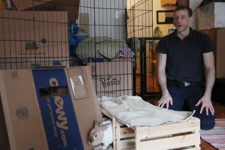 Jacob Levitt looks on while one of his eight adopted bunnies goes through a box, at his apartment in New York, U.S., April 11, 2019. REUTERS/Shannon Stapleton