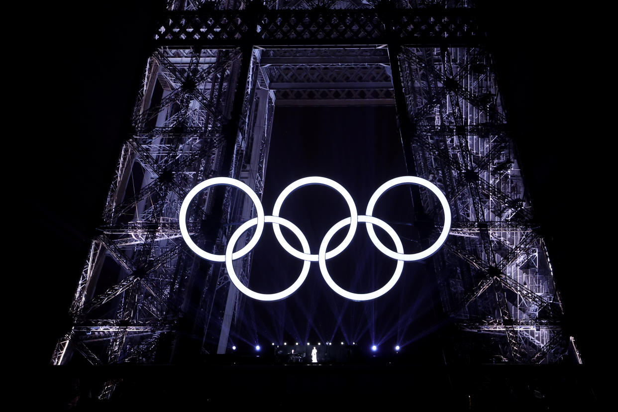 Canadian Singer Celine Dion performs on the Eiffel Tower as the conclusion of the opening ceremony of the Olympic Games Paris 2024 on July 26, 2024 in Paris, France. (Photo by Hector Vivas/Getty Images)