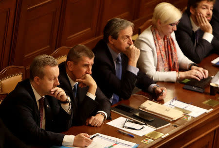 Czech Prime Minister Andrej Babis (2nd L) attends a parliamentary session during a confidence vote for the newly appointed government he leads, in Prague, Czech Republic January 16, 2018. REUTERS/David W Cerny