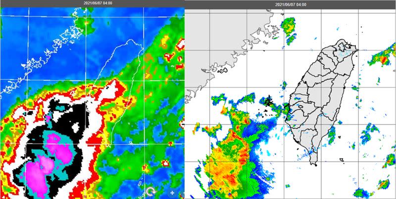 圖：今(7日)晨4時紅外線色調強化雲圖顯示，強對流系統在海峽南部(左圖)，雲頂高度達對流層頂(≦－80.2度)，部分砧狀雲籠罩南台灣；4時雷達回波圖(右圖)則顯示，強回波僅佔其中一部分，其餘弱回波則反映對流胞的砧狀雲。