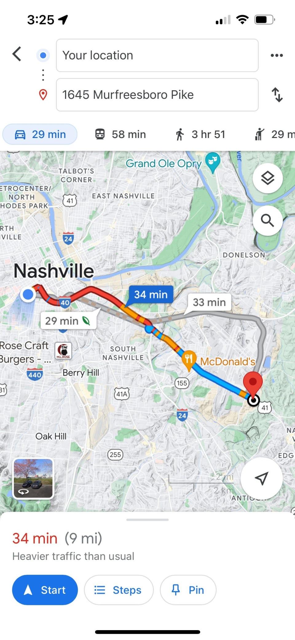 Google Maps route from Midtown Nashville to an area near Nashville International Airport (Oct. 31, 2023).