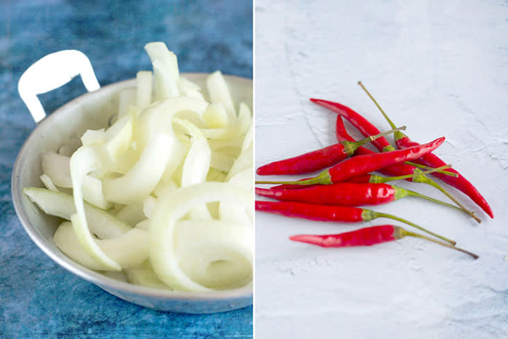 Onions for aromatics (left) and chillies for heat (right).