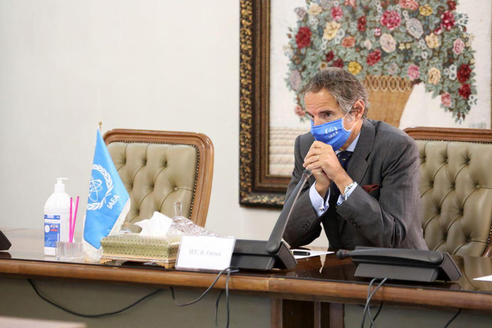Director General of International Atomic Energy Agency, IAEA, Rafael Mariano Grossi attends a meeting with head of the Atomic Energy Organization of Iran Ali Akbar Salehi, in Tehran, Iran, Tuesday, Aug. 25, 2020. (Atomic Energy Organization of Iran via AP)