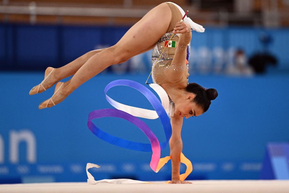 Mexico's Rut Castillo Galindo competes in the individual all-around qualification of the Rhythmic Gymnastics event during Tokyo 2020 Olympic Games at Ariake Gymnastics centre in Tokyo, on August 6, 2021. (Photo by Martin BUREAU / AFP) (Photo by MARTIN BUREAU/AFP via Getty Images)