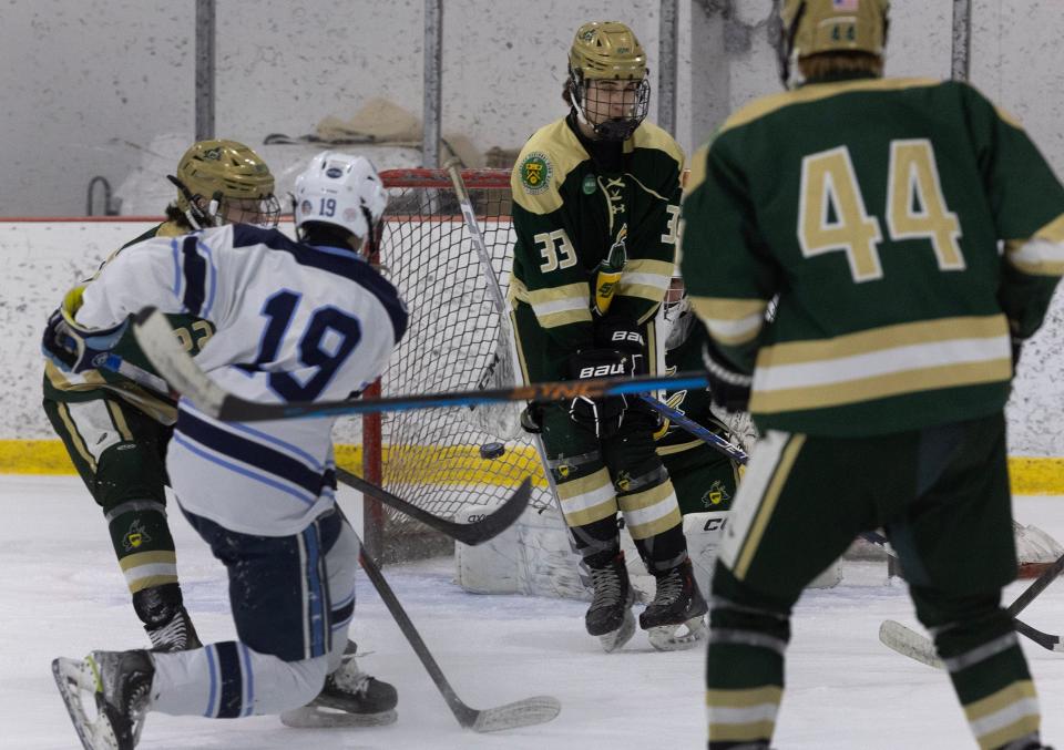 CBA Christian Chouha scores. Christian Brothers Academy hockey dominates St. Joseph’s Montvale in game on February 22, 2023 in Wall, NJ. 