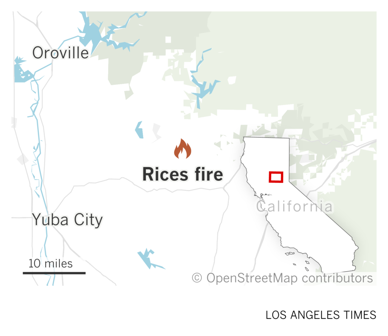 A map of part of Northern California shows the location of the Rice fire southeast of Oroville and northeast of Yuba City