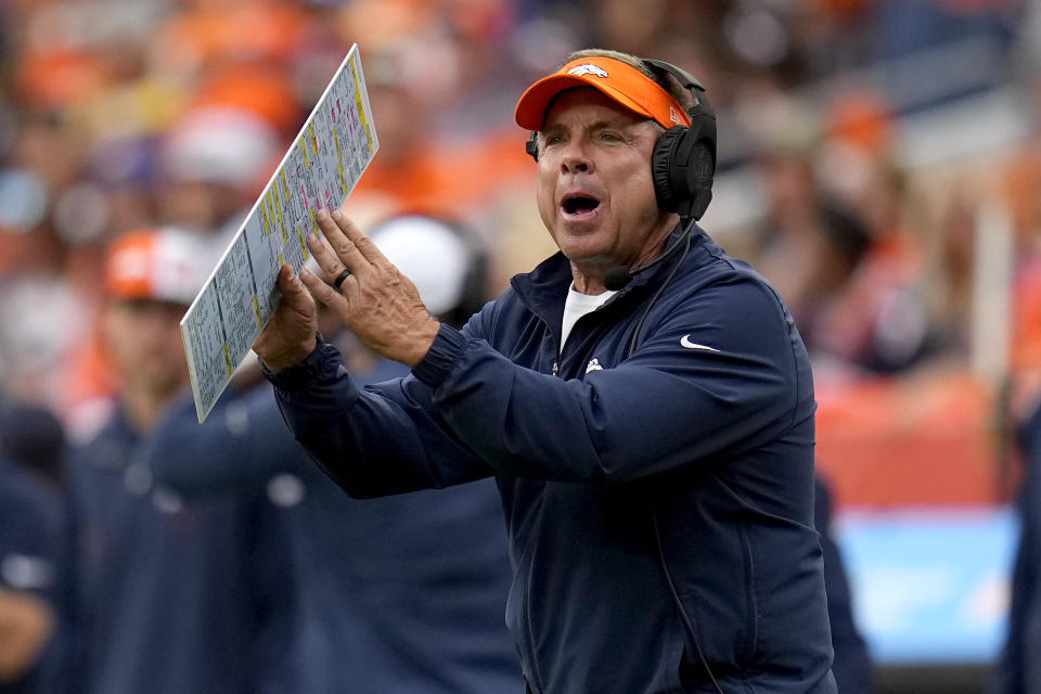 Denver Broncos head coach Sean Payton calls a play during the first half of an NFL football game against the Las Vegas Raiders, Sunday, Sept. 10, 2023, in Denver. (AP Photo/Jack Dempsey)