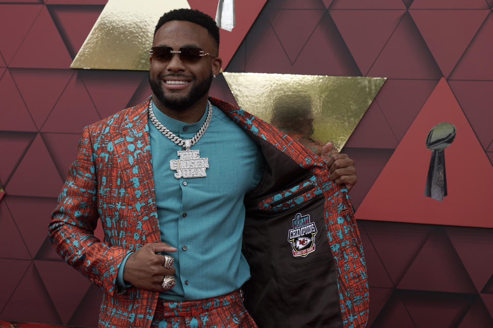 Kansas City Chiefs safety Juan Thornhill poses on the red carpet before a ceremony for team members to receive their championship rings for winning NFL football's Super Bowl LVII, Thursday, June 15, 2023, in Kansas City, Mo. (AP Photo/Charlie Riedel)