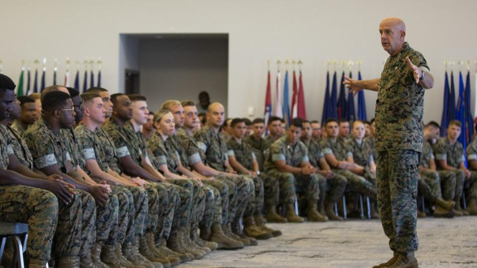 Commandant of the Marine Corps Gen. David Berger speaks to the Marines and sailors at Marine Corps Air Station Cherry Point, N.C., on July 31, 2019. (Cpl. Ethan Pumphret/U.S. Marine Corps)