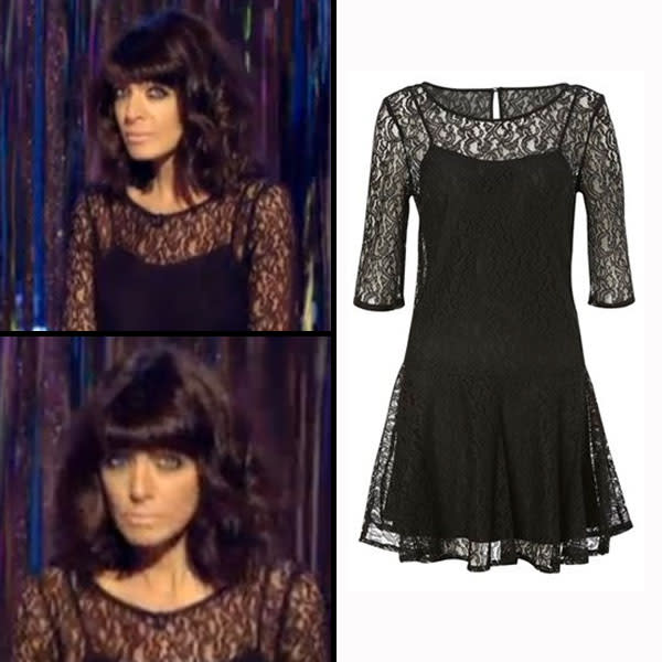 <b>Claudia Winkleman, Strictly Come Dancing, Sun 2nd Dec </b><br><br>The Sunday night presenter worked high street fashion in this French connection Gigliola lace dress, teamed with monochrome Kurt Geiger Coco pumps.<br><br>© BBC Pictures / French Connection