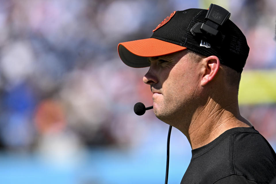 Cincinnati Bengals head coach Zac Taylor watches play against the Tennessee Titans during the second half of an NFL football game, Sunday, Oct. 1, 2023, in Nashville, Tenn. (AP Photo/John Amis)