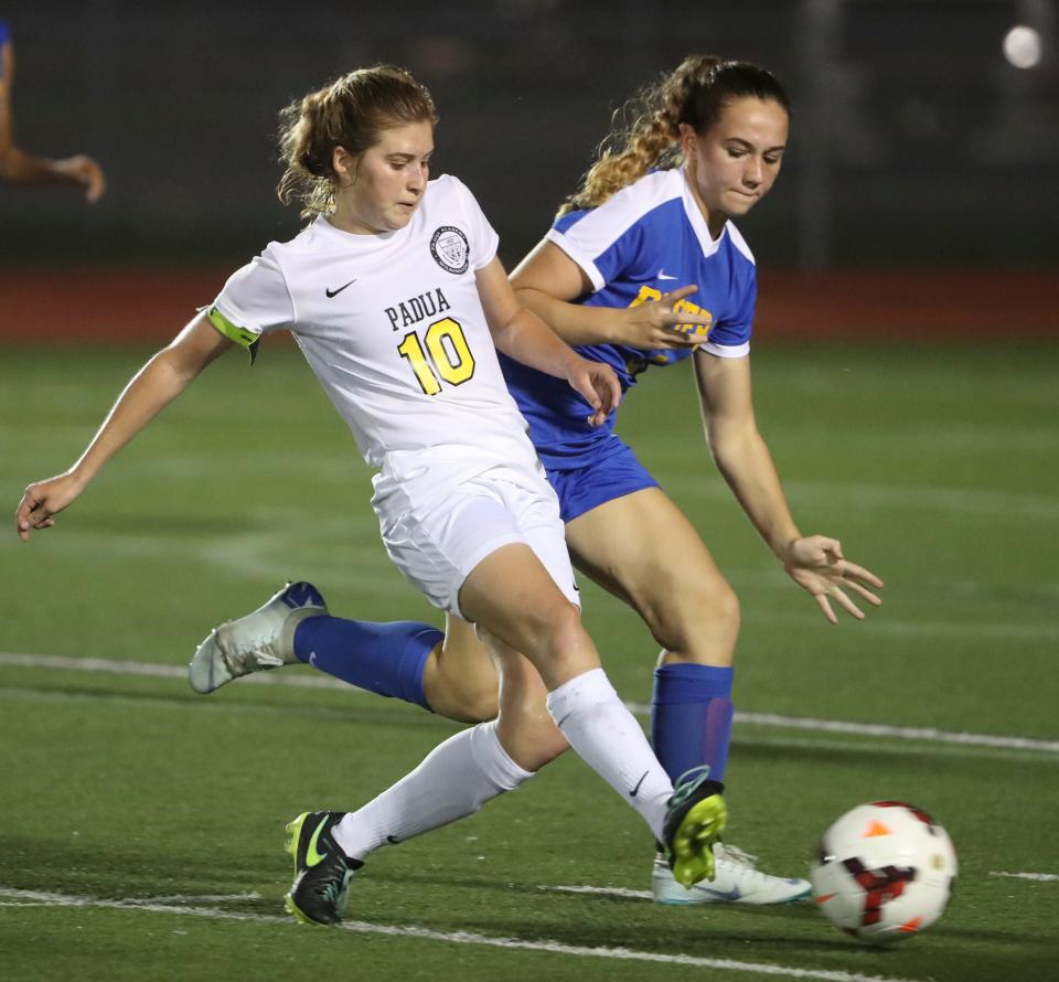 Former Padua star Ashlee Brentlinger (left), who now plays at Florida Gulf Coast University, is among several top former Delaware high school girls soccer players set to play for the CAFC Ospreys in the Women's Premier Soccer League this summer at the DE Turf Complex.