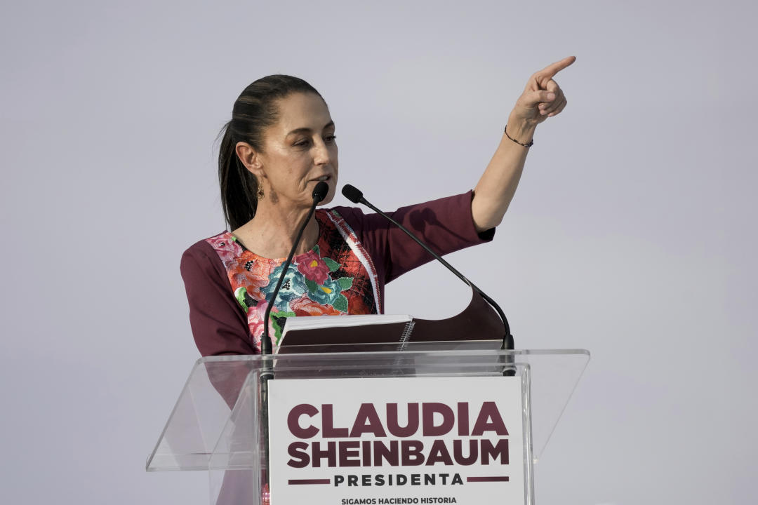 Presidential candidate Claudia Sheinbaum speaks during her opening campaign rally at the Zocalo in Mexico City, Friday, March 1, 2024. General Elections are set for June 2. (AP Photo/Marco Ugarte)
