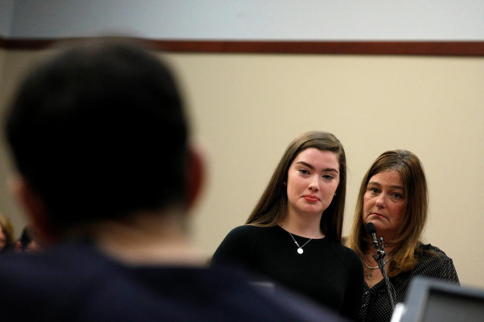 Emma Ann Miller, 15, and her mother face disgraced former USA Gymnastics team Dr. Larry Nassar in court. (Reuters)