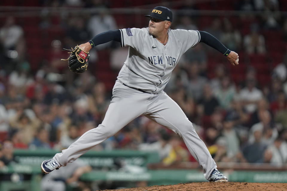 New York Yankees' Nick Ramirez delivers a pitch to a Boston Red Sox batter the ninth inning of the second game of a baseball doubleheader Tuesday, Sept. 12, 2023, in Boston. (AP Photo/Steven Senne)