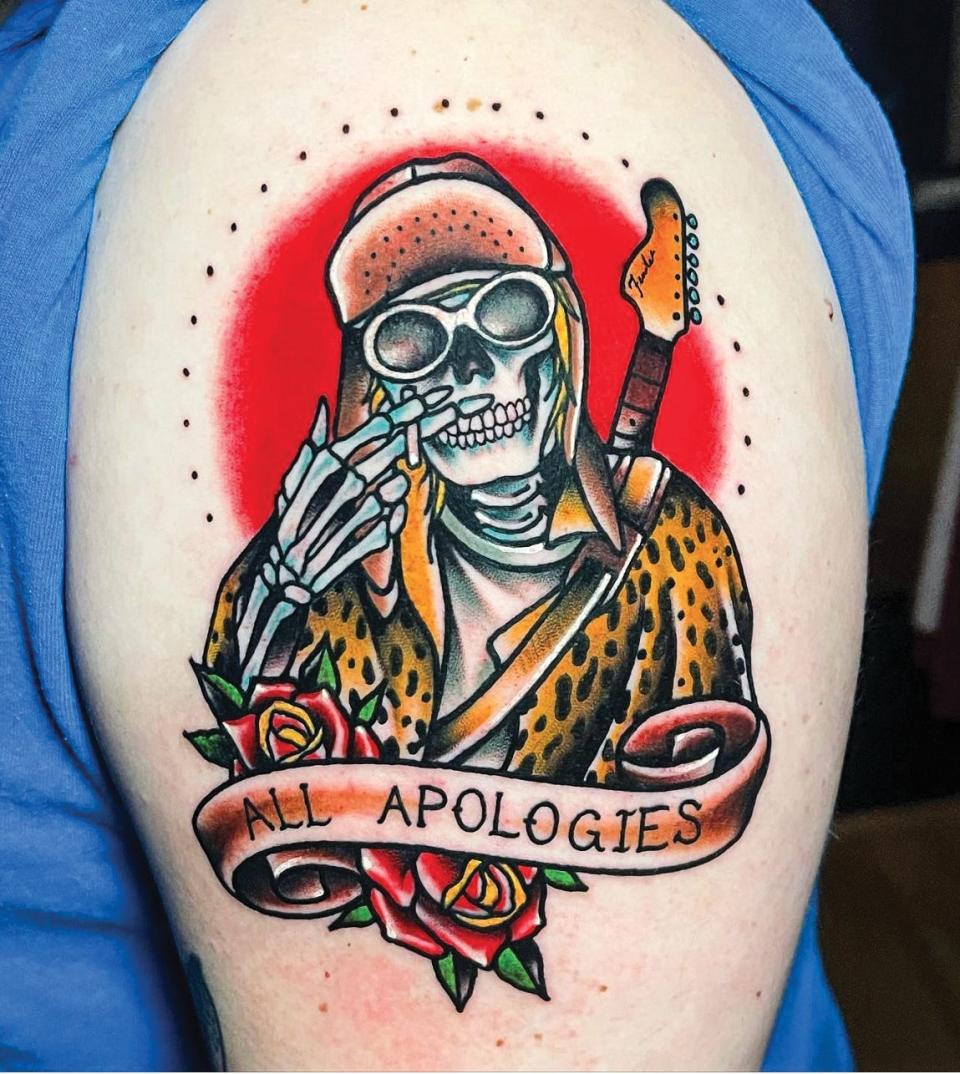 Ben Towers has drawn thousands of tattoos, including this one inspired by Nirvana’s Kurt Cobain