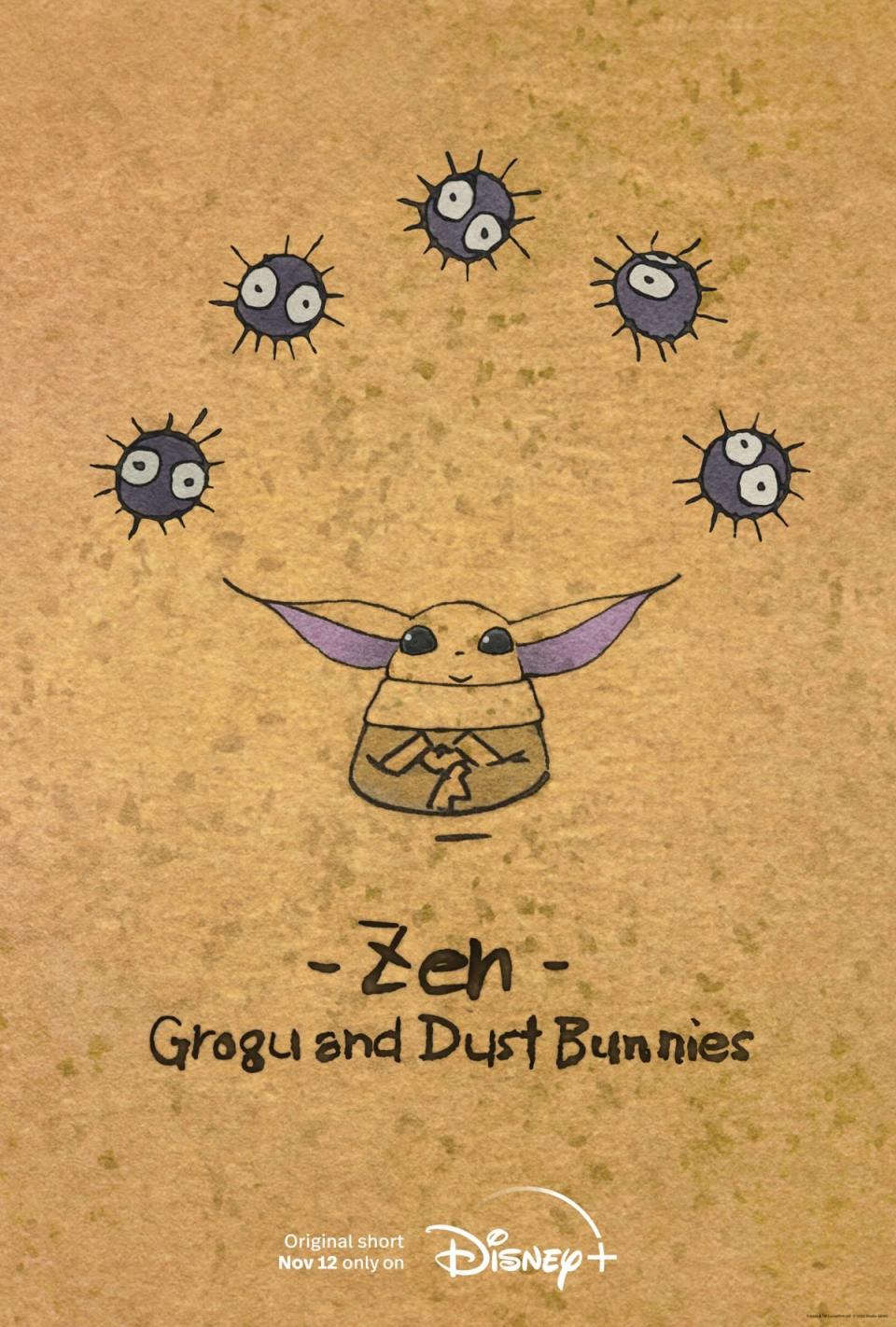 Art showing Grogu in the Studio Ghibli star Wars short Zen - Grogu and Dust Bunnies