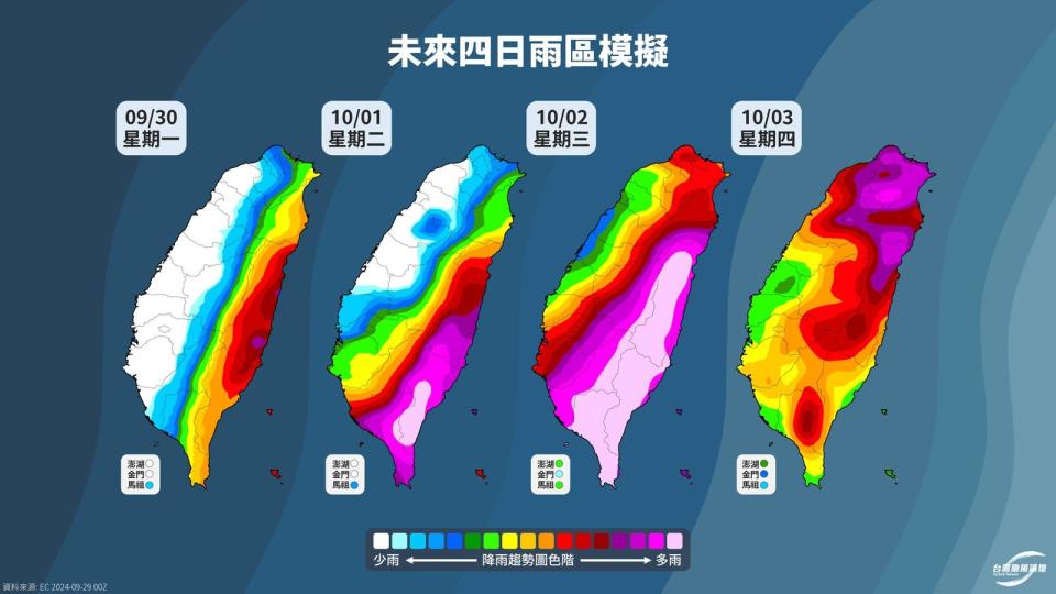 未來四天雨區模擬。（翻攝自臉書＠台灣颱風論壇｜天氣特急）