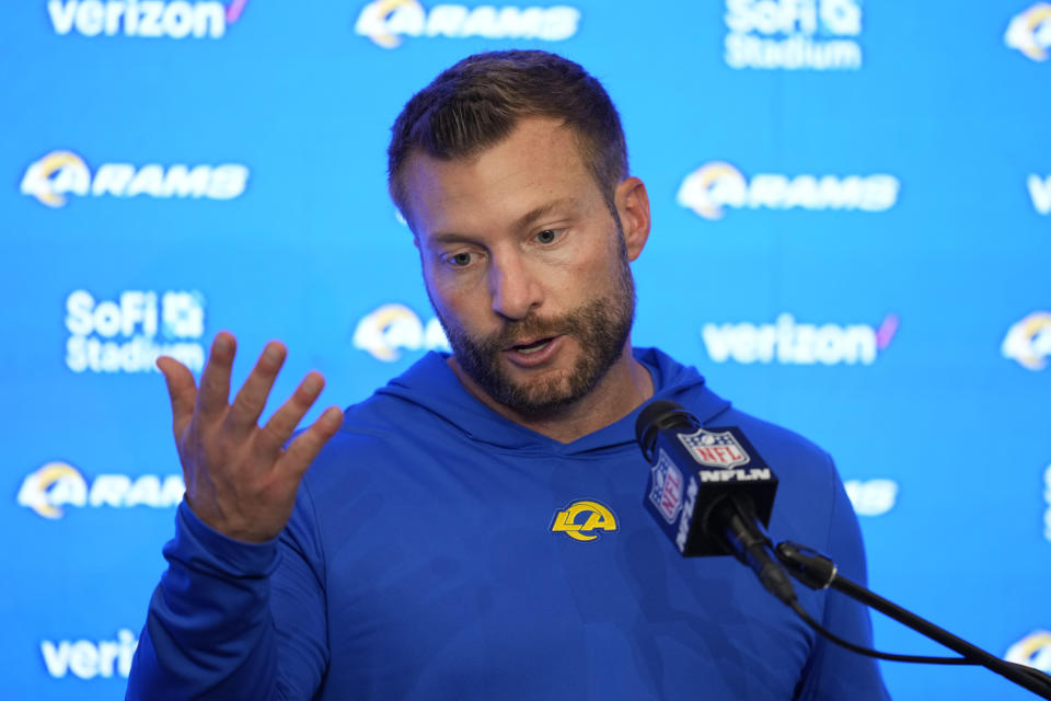 Los Angeles Rams head coach Sean McVay speaks during a press conference after the Steelers defeated the Rams 24-17 in an NFL football game Sunday, Oct. 22, 2023, in Inglewood, Calif. (AP Photo/Ashley Landis)