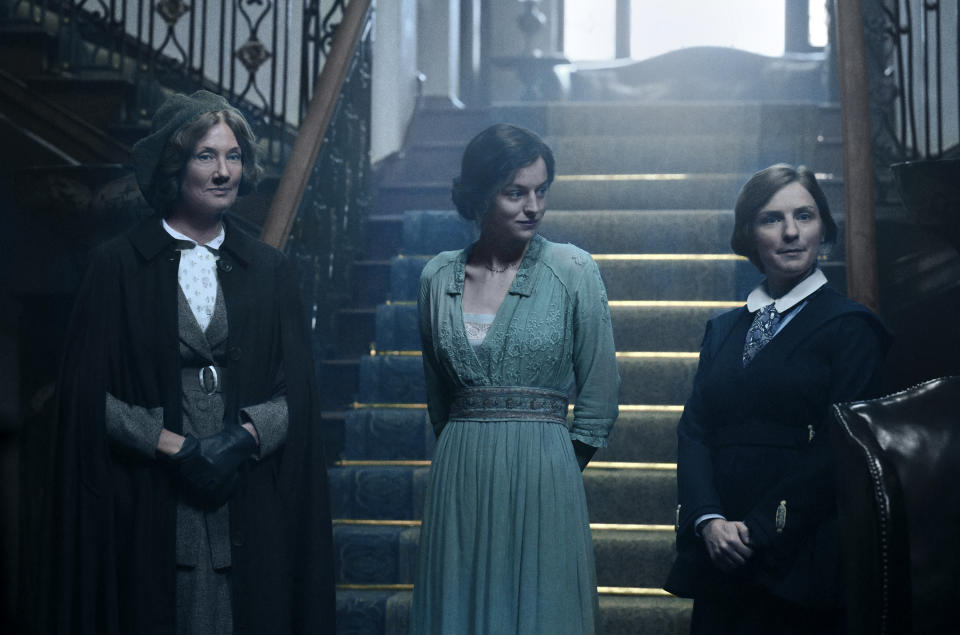 This image released by Netflix shows, from left, Joely Richardson, Emma Corrin and Faye Marsay in a scene from "Lady Chatterley's Lover." (Parisa Taghizadeh/Netflix via AP)