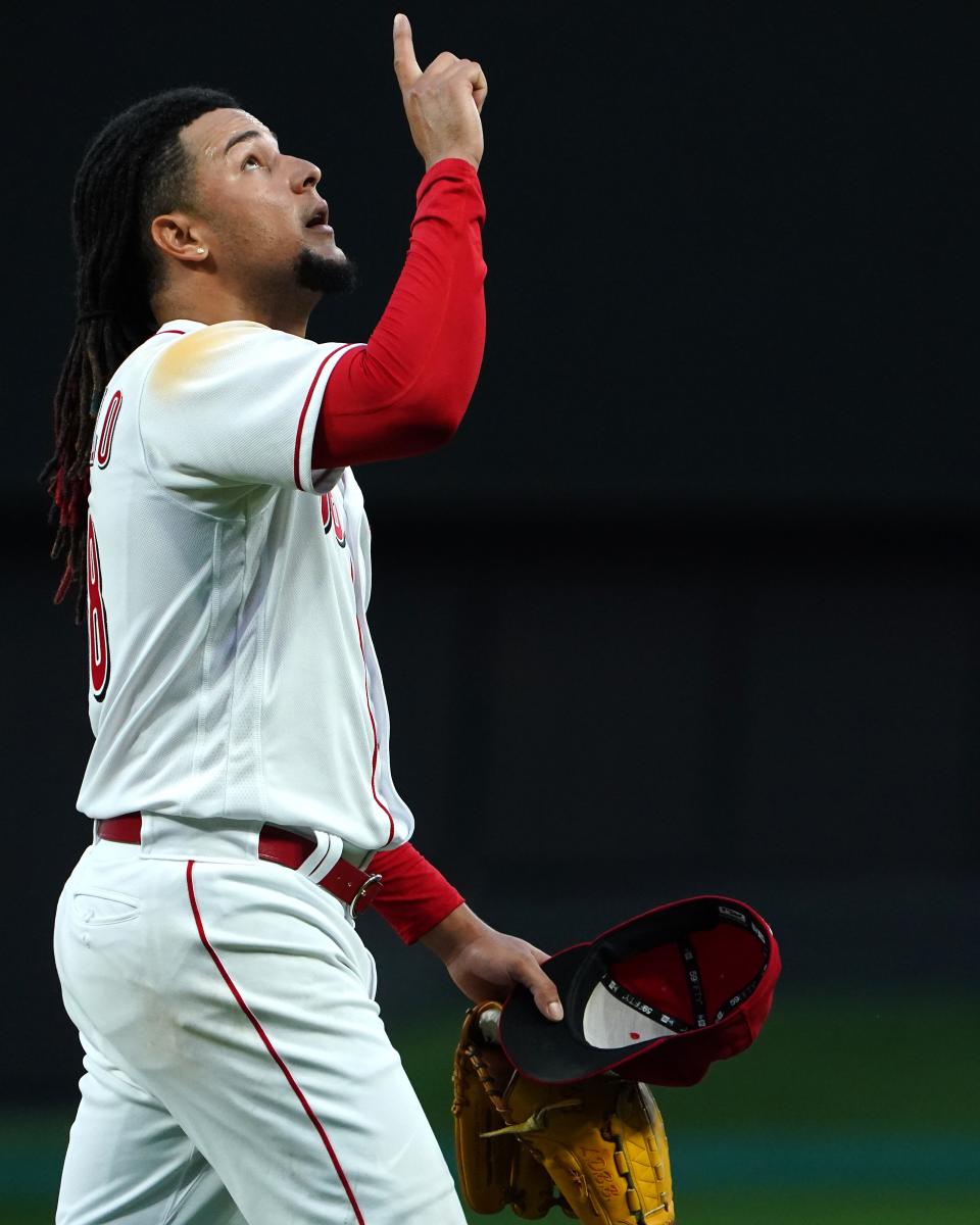 Cincinnati Reds starting pitcher Luis Castillo (58) walks off the mound after striking out the last batter during the seventh inning of a baseball game against the Miami Marlins, Wednesday, July 27, 2022, at Great American Ball Park in Cincinnati. 