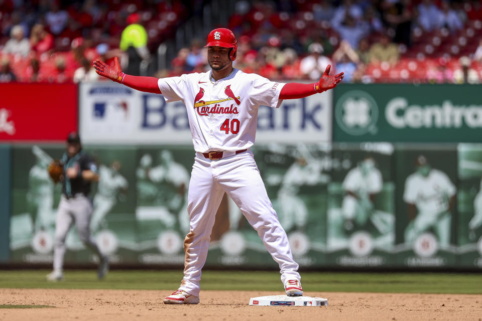 St. Louis Cardinals' Willson Contreras reacts after hitting a double during the sixth inning of a baseball game against the Arizona Diamondbacks, Wednesday, April 24, 2024, in St. Louis. (AP Photo/Scott Kane)