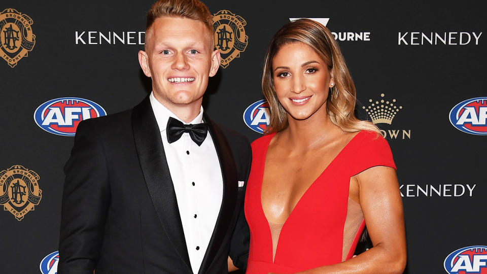 Adam Treloar and fiancee Kim Ravaillion, pictured here at the 2019 Brownlow Medal night.