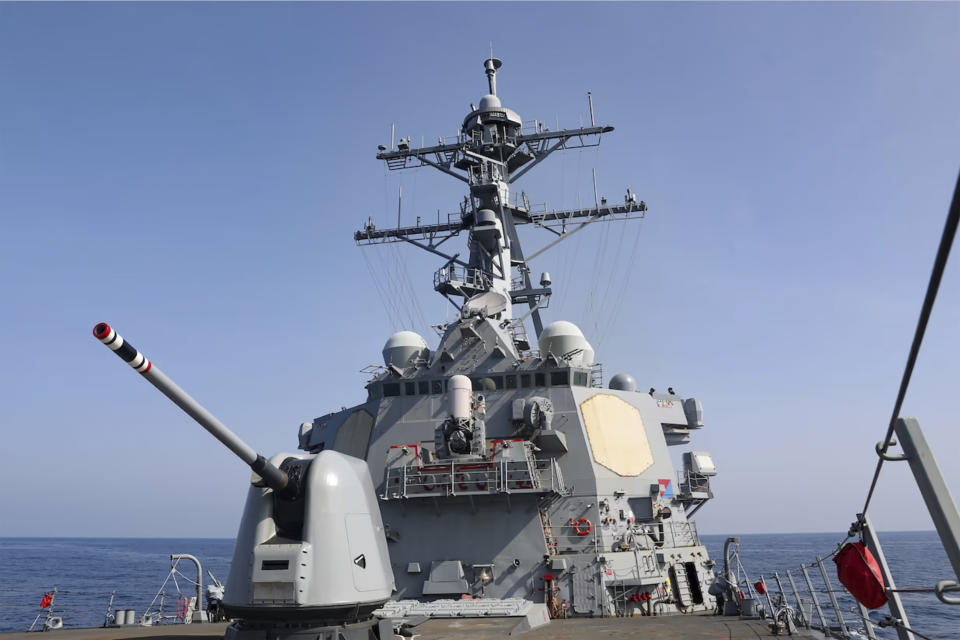 In this photo provided by the U.S. Navy, the Arleigh Burke-class guided-missile destroyer USS Milius (DDG 69) conducts a routine Taiwan Strait transit on Sunday, April 16, 2023. The U.S. Navy sailed the warship through the Taiwan Strait on Sunday, in the first such transit made public since China carried out large-scale military drills around the self-ruled island last weekend in retaliation for a visit by Taiwan's president to the U.S. (U.S. Navy via AP)