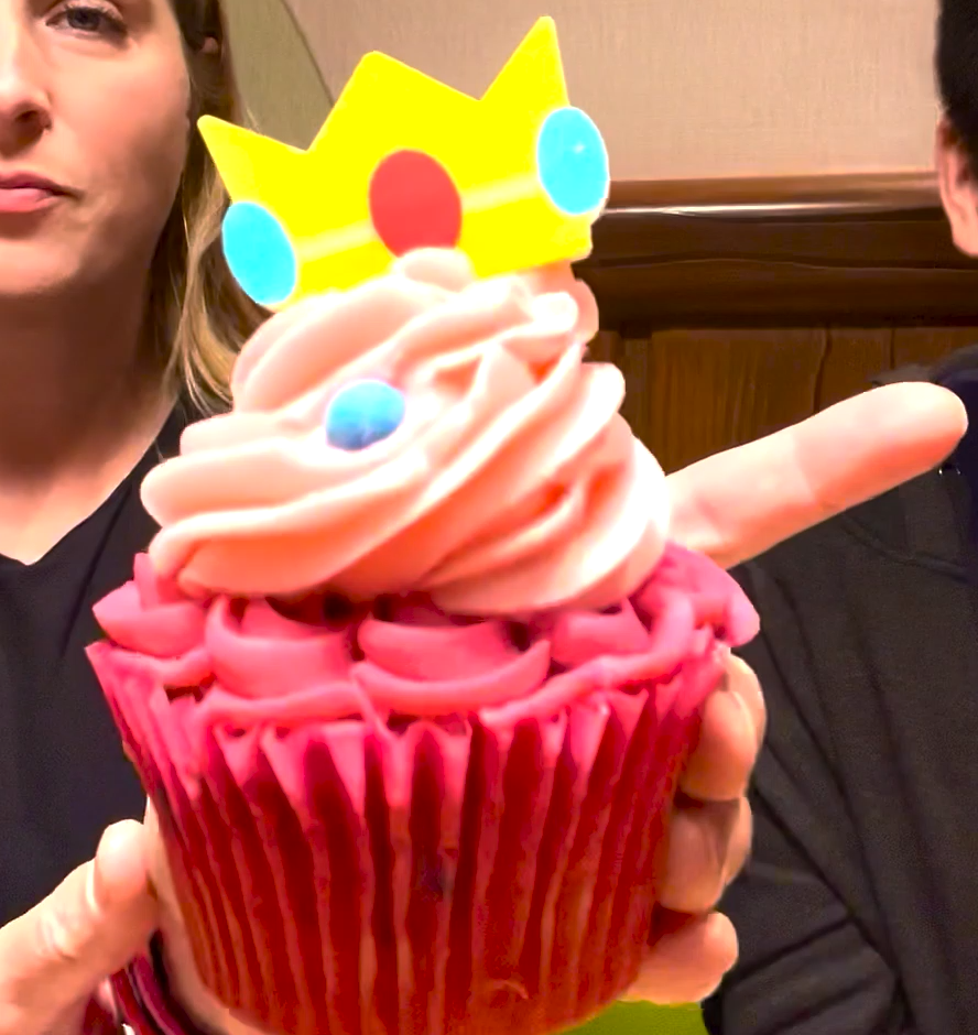 The Princess Peach Cupcake at Super Nintendo World's Toadstool Cafe, which is inside Universal Studios Hollywood in Southern California.