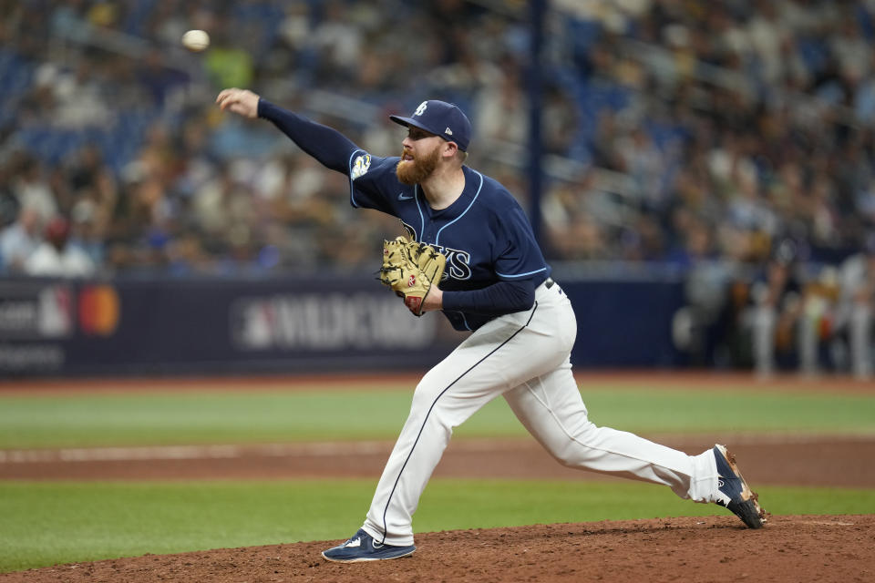 Tampa Bay Rays' Zack Littell delivers a pitch in the eighth inning during Game 2 in an AL wild-card baseball playoff series against the Texas Rangers, Wednesday, Oct. 4, 2023, in St. Petersburg, Fla. (AP Photo/John Raoux)