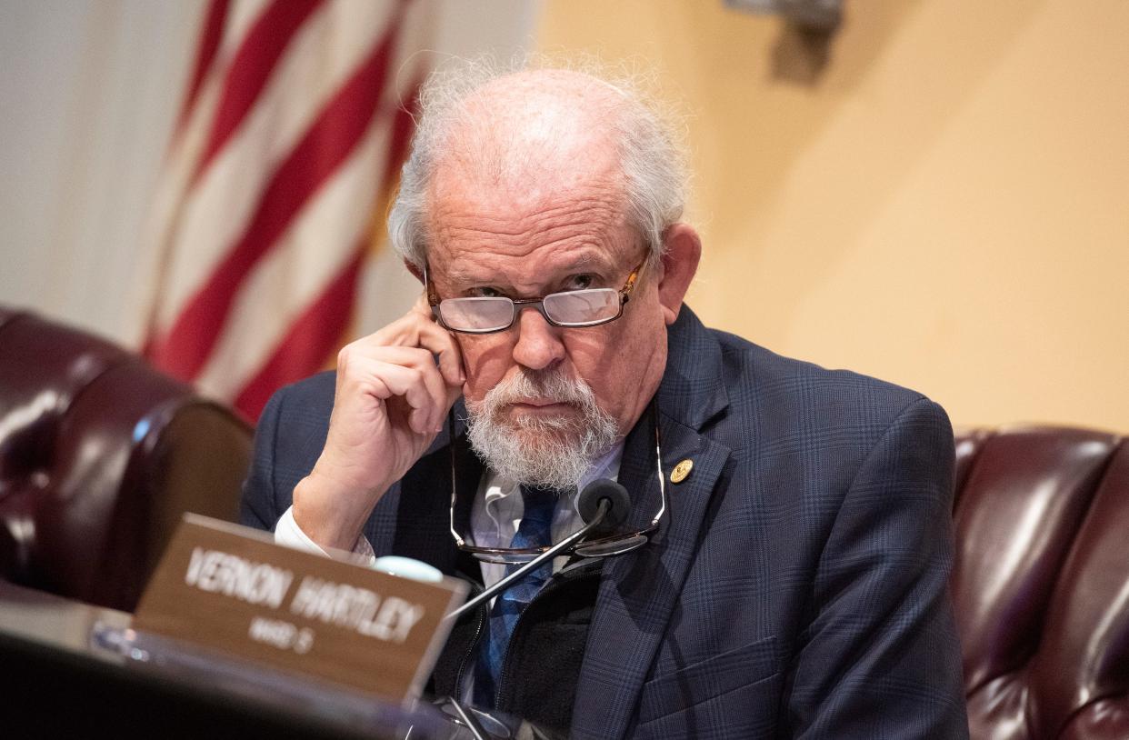 Jackson City Council President Ashby Foote listens as a city attorney suggests the council go into executive session Thursday to finalize the details of an agreement between the EPA and the city of Jackson on how the city water system will be run.