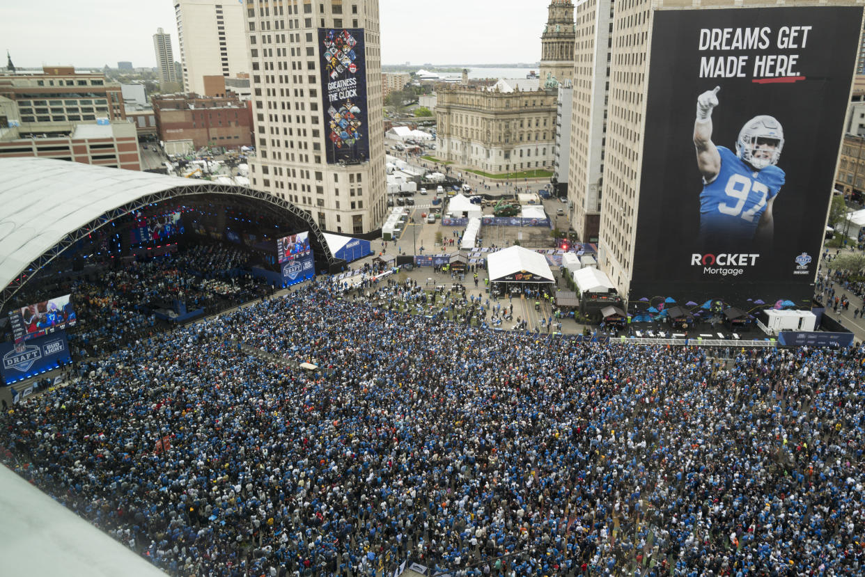 DETROIT, MICHIGAN - APRIL 26: An elevated overall general view of fans filling the area outside of the draft stage during the second round of the NFL football draft at Campus Martius Park on April 26, 2024 in Detroit, Michigan. (Photo by Ryan Kang/Getty Images)