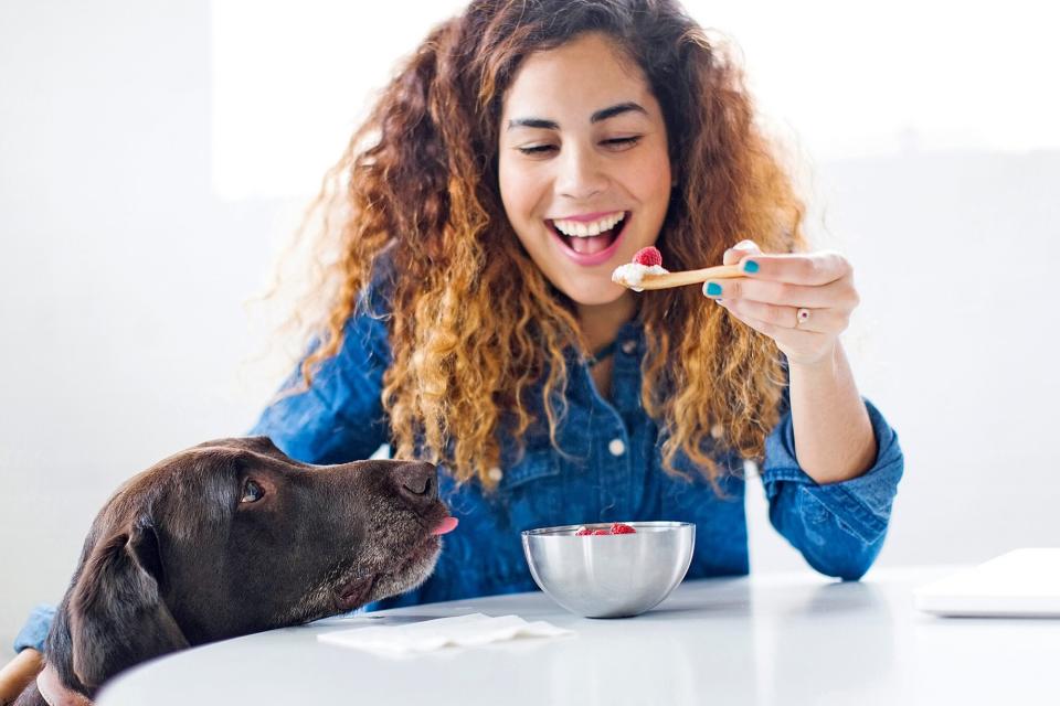 woman eating yogurt and raspberries with her dog